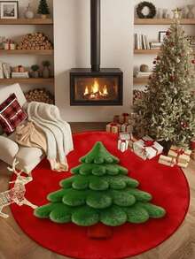 Karpet Bulat Berumbai Warna Burgundy untuk Natal, Motif Kotak-kotak, Boneka Salju, Kue Jahe, Hadiah Permen Tongkat, Karpet Mewah - MultiWarna - View 5