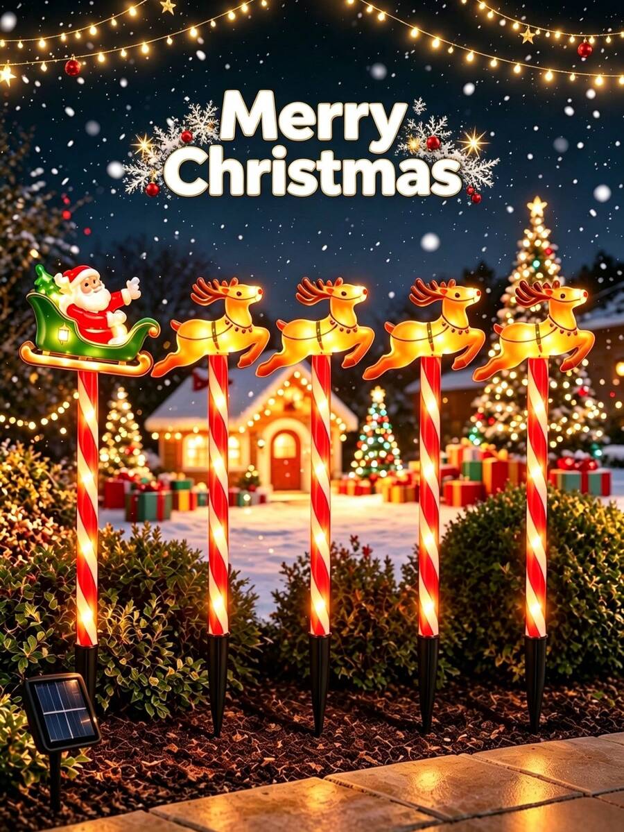 Christmas Solar String Lights, Waterproof Solar LED Ground Stake Lights, 8 Lighting Modes Auto Charging, 8 Hours Working Time, Cute Santa Claus And Reindeer Pattern Design, Suitable For Yard, Flower Bed, Pathway, Porch And Christmas Party Decoration - Multicolor - View 1