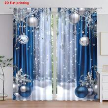 2pcs, 2D Flat Print, Winter Christmas Blue & Silver Christmas Ball Snowflake Luxury Pattern, Pocket Rod Installation, Digital Printed Curtains, Polyester Semi-Transparent Material Slightly Thinner, Suitable For Living Room, Kitchen, Bedroom, Study, Hotel, Restaurant, Home Decor - A - View 1