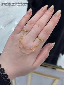 21K Gold Plated Women's Double Ring Stacked Chain Ring, Exquisite Beaded Double Finger Connected Ring, Dubai Bridal Style Saudi Fashion Jewelry - 01 - View 7