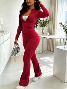 Setelan 2 Potong Wanita Terlaris Musim Semi/Gugur, Jaket Resleting Slim Fit Warna Polos & Celana Panjang, Kain Poliester Ringan untuk Kebugaran dan Yoga - Merah 59 - View 7