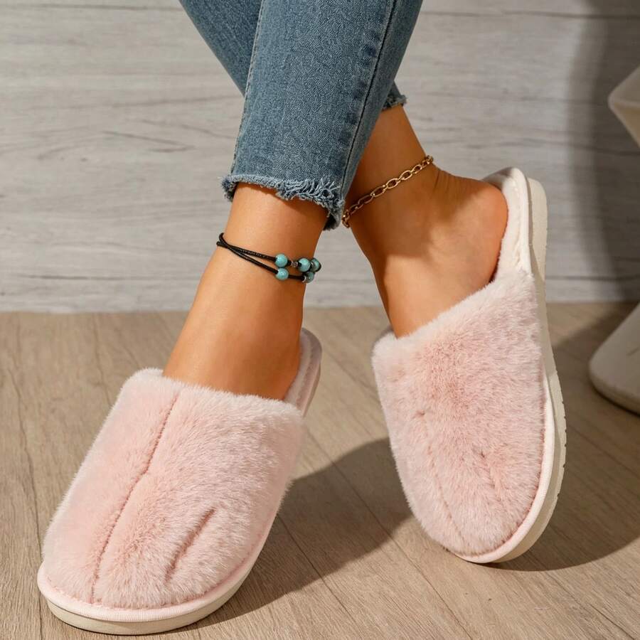Women's Autumn/Winter Milk Tea Color Split Toe Pig-Hoof Closed-Toe Fuzzy Slippers, Soft Thick Faux Rabbit Fur Mule Flat Non-Slip Slouchy Slip-On Slippers, Indoor Warm Thermal Slippers For Home/Dorm, Simple Solid Color Versatile Casual Shoes For Outdoor Wear - Pink - View 1
