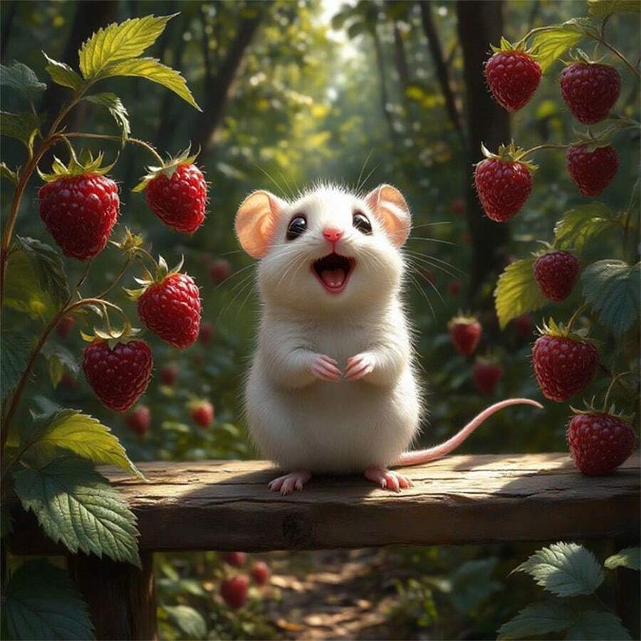 2D Flat Printing 1pc Suitable For Four Seasons Animal Theme: Forest White Mouse & Raspberry Pattern, Frameless DIY Diamond Painting, Mosaic Handmade Art Painting Set, Home Decor Painting, Suitable As Holiday Gift