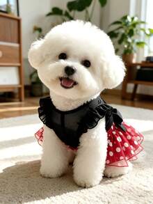 1pc M Size Dog Cat Vintage Dress Red Polka Dot Black Mesh, Ruffle Flutter Sleeve Suspender Strap Satin Bow Tulle Tutu Skirt, Cute Retro For Spring Summer Party Birthday Photo Shoot, Suitable For 3-4kg - Multicolor - View 8