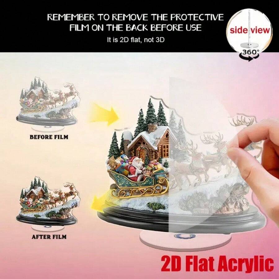 2D Flat Rotating Santa Claus Statue, Sitting On Sleigh With Reindeer, Depicting Snowy Forest Pine Trees And Santa Claus Driving Sleigh Scene, Rotating Base Allows 360 Degree Rotation Display - C - View 1