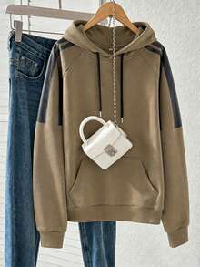 Women's Khaki Contrast Panel Hoodie, Relaxed Pullover Sweatshirt With Kangaroo Pocket, Casual Streetwear - Coffee Brown - View 4