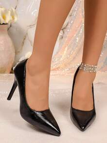 Elegant Women's High Heels, Classic Solid Color, Pointed Toe Stiletto Pumps, Pearl Tassel Decor, Suitable For Weddings And Parties - Black - View 2