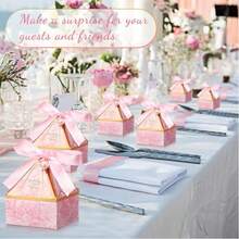 10pcs(5pcs Bags+5pcs Ribbons) Pyramid Wedding Candy Boxes, Pink Marble Texture Candy Gift Boxes With Ribbon And Pearl Decoration, Paper Dessert Packaging Boxes, Bride Shower Party Storage Boxes, Can Hold Chocolates, Cookies, Jewelry, Wedding Guest Thank You Gift Packaging, Engagement Birthday Party Decoration, Foldable Flat Empty Gift Boxes, Wedding Souvenir DIY Gift Boxes - Pink - View 3
