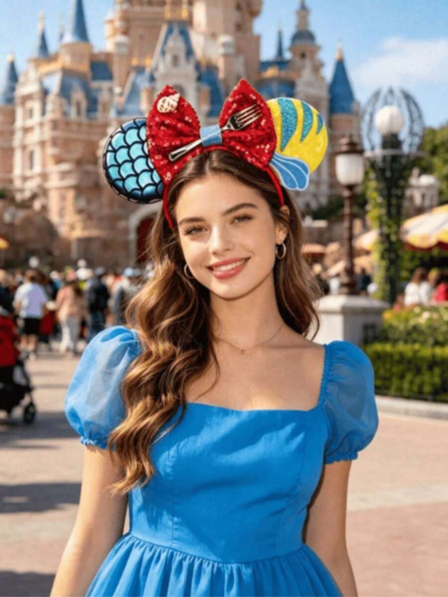 Disney 1pc Cartoon Mermaid Theme Bow Headband. Adorned With Seashell And Trident Elements, Paired With Fish Scale Pattern Earrings, It's A Super Cute Minnie Style Earring Headband; Perfect For School Parties, Masquerade Balls, Cosplay And Theme Park Visits. It's An Ideal Choice For Various Party Outfits And A Perfect Accessory For Playing Princess! (Hair Accessories, Headbands, Headwear, Women's Headbands) - Multicolor - View 1
