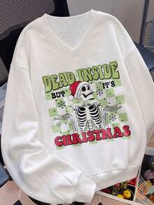 Women's Ugly Christmas Skeleton Print V-Neck Long Sleeve Pullover Sweatshirt, Autumn Holiday Ribbed Knit Top - White - View 2