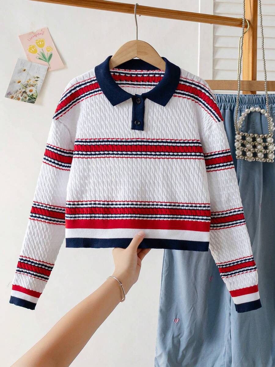 Girls' College Style Colorblock Striped Short Knit Pullover Sweater With Buttons, Suitable For School Casual Wear In Spring, Autumn, Winter - White - View 1