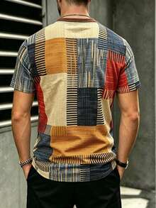 3pcs Men's Waffle Knit Digital Print 3D Pattern Patchwork Contrast Color Outdoor Sports Casual Henley Collar T-Shirts - Multicolor - View 4