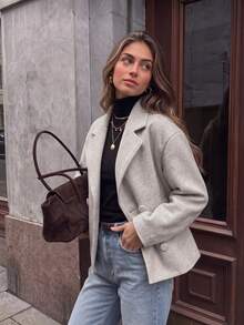 Women's Autumn Solid Color Double-Breasted Wool Jacket - Apricot - View 3