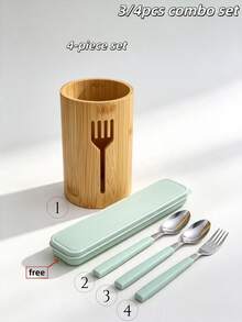 3/4pcs (Storage Bucket + Knife + Fork + Spoon) Set Combination Carbonized Bamboo Rustic Kitchen Utensil Holder, Divided Cutlery Tray Storage, Bottom Ventilation & Moisture-Proof, Natural Rustic Style Cutlery Rack Spoon Holder (Random Style Shipped) - View 4