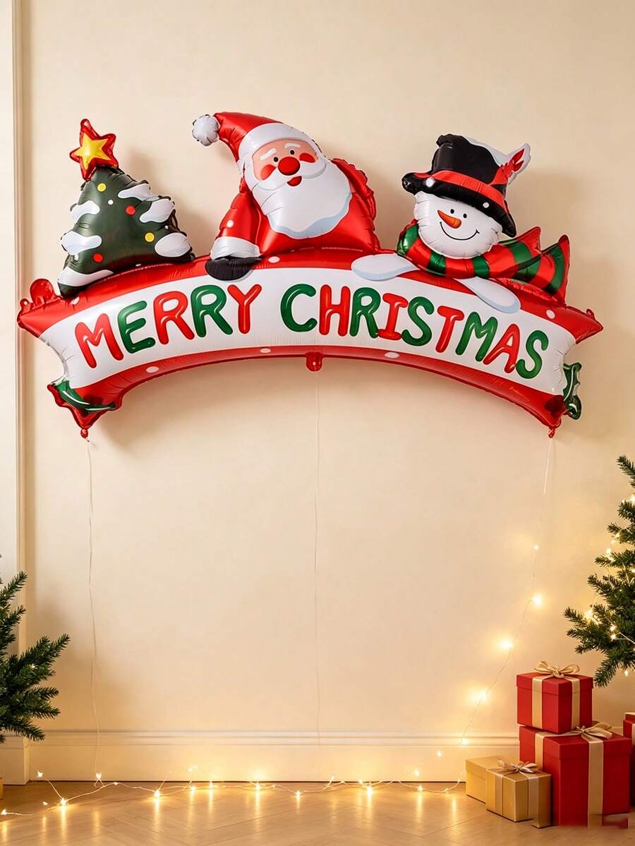 1 Piece Of Christmas Banner/Balloon With Aluminum Foil Design, Featuring Santa Claus, Christmas Tree, And Snowman. Suitable For Indoor Christmas Party Decorations, Birthday Party Decorations, Shop Windows, And Christmas Photo Props. - Christmas Banner Set - View 1