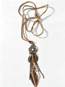 1pc Bohemian Long Necklace With Natural Feathers For Women - Coffee Brown - View 8