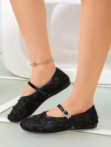 Black 3D Floral Lace Mary Jane Flat Shoes,Sheer Mesh Upper,Rhinestone‑Butterfly Buckle,Single Strap,Round Toe,Gentle Women Flat Shoes For Daily - Black - View 5