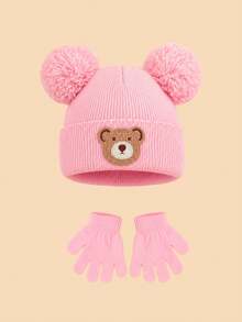 6pcs/2pcs Baby Cute Cartoon Bear Embroidered Knitted Hat & Gloves Set, 3 Solid Colors Double Pom Pom Cuffed Winter Hat & Fingerless Gloves, Fashionable Autumn/Winter Clothing Accessories For Baby, Suitable For Outdoor Activities And Photo Shoots - Multicolor - View 10