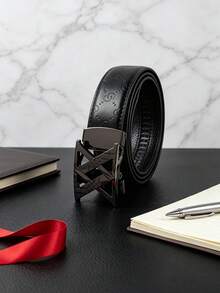 1pc Men's Luxury Belt With Letter Alloy Automatic Buckle, Premium PU Embossed Strap, Multiple Colors Available, 47.2inch Length Adjustable, Suitable For Daily Wear, Jeans, Shorts, Perfect Gift For Boyfriend And Father - Multicolor - View 4