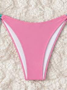 Summer Pink & White Floral Contrast Tie-Up Triangle Cup Bikini, Sexy Style Vacation Swimsuit - Multicolor - View 5