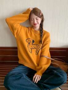 Women's Round Neck Puppy Pattern Long Sleeve Sweater, Winter Outfit - Burnt Orange - View 7