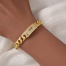 Fashion Luxury 18K Gold Plated Copper Cubic Zirconia Cuban Bracelet, Hip Hop Street Style, Unisex, Suitable For Daily Wear And Parties - Gold - View 3
