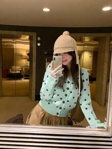 Polka Dot V-Neck Knit Cardigan Slimming Women's Autumn Short Sweater - Green - View 3