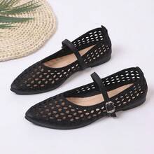 New Hollow Out Breathable Women's Pointed Toe Flat Shoes With Buckle Strap, Comfortable Versatile Women's Shoes - Black - View 9