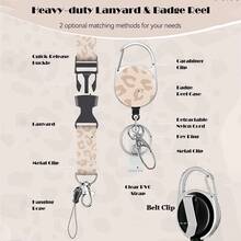 1 Set Retractable ID Badge Holder With Detachable Lanyard, Heavy Duty Badge Reel, Removable Keychain, Cruise Card Holder, Horizontal Card Protector Suitable For Nurses, Doctors, Teachers, Women, Men, Office Supplies (Light Brown Leopard Print) - Business Model - View 5
