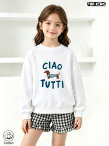 هودي كاجوال لطيف للأطفال، مطبوع عليه عبارة "Ciao Tutti" ونمط كلب كرتوني، مناسب للارتداء اليومي في الربيع والخريف - أبيض - مشاهدة 3