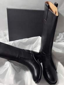 Square Toe Chunky Heel Side Zipper Casual Suede Patchwork Slim Minimalist High Heel Tall Boots For Women - Black - View 5