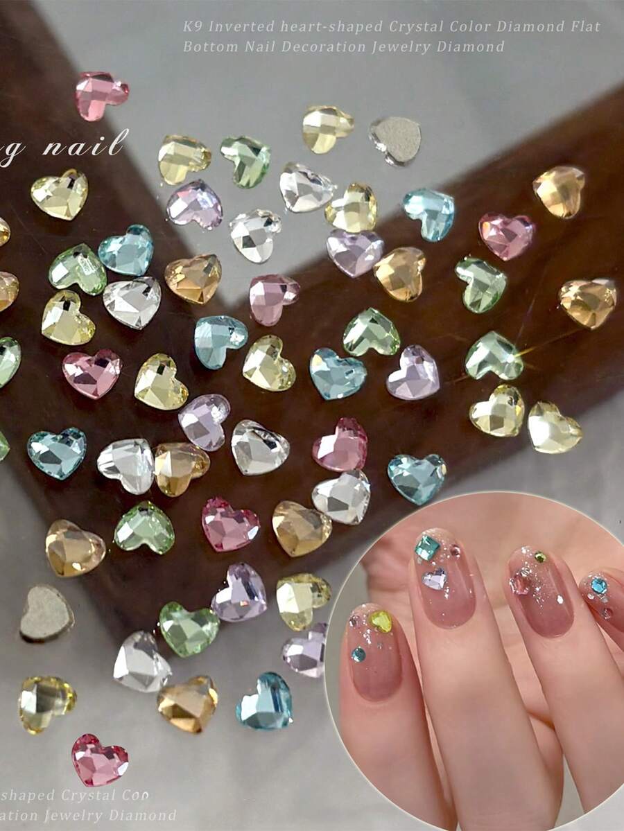 100pcs Random Mixed Color 3mm Heart-Shaped K9 Flatback Rhinestones, Hot-Selling Autumn/Winter Nail Art Decor, Sparkling Champagne Pink Purple Colorful Crystal Irregular Diamonds