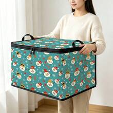 1pc 2DFat. Thickened Foldable Zipper Storage Box, Green Cartoon Snowman Full Print Design, Can Store Clothes, Bedding, Nail Tools, Holiday Miscellaneous Items, Fits Under Bed, Suitable For Bookshelf Organization, Car Trunk Storage, Cosmetics, Hair Styling Tools, Office, Home Organization, Blankets, Daily Small Items Large Capacity Storage, Wardrobe Placement And Moving Packing, Zipper Closure Secure Handle Reinforced Weight-Bearing Durable - Multi-color - View 2