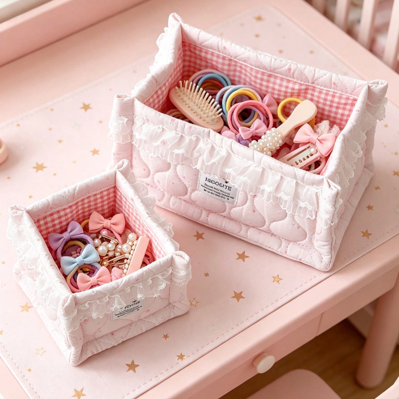 1pc Fabric Floral Pink Lace Trim Storage Basket - Baby Room Storage & Organization, Kids Room Decor, Baby Room Decoration, Baby Supplies, Baby Essentials