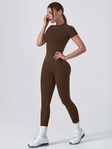 NcmRyu Women's One Set Solid Color Ribbed Seamless Crew Neck Short Sleeve Soft High Waist Ruched Athletic Tight Long Pants Set - Mocha Brown - View 5