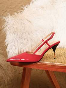 Sepatu Hak Tinggi Stiletto Ujung Lancip Seksi Bergaya dengan Penutup Hak Logam dan Tali Belakang untuk Wanita, Merah - Merah - View 3