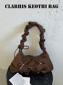 Soft Suede Underarm Shoulder Bag For Women, Vintage Maillard Style, Zipper Closure, Fits Phone And Cosmetics, Ruched Strap, Sweet Cool Aesthetic, Brown Niche Handbag For Daily Outings, Dating And Shopping - Coffee - View 9