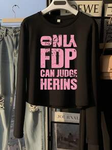 Vintage Distressed Pink Letter Print Short Long Sleeve T-Shirt For Women, Slim Fit Round Neck Sexy Style Inner Layer Autumn Base Layer - Black - View 4