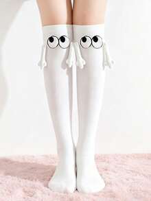 1 Pair Kids White Big Eye Over-The-Knee High Socks, Cute Playful Hand ...