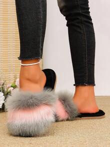 1 Pair Women's Contrast Color Long Plush One-Strap Indoor Comfortable Soft Sole Fuzzy Slippers - Pink - View 7