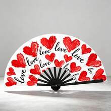 White Background Red Brush Heart Love Kung Fu Sounding Fan, Hand-Painted Red Heart Full Print Folding Fan, Romantic Date Party Photo Prop - Multicolor - View 3
