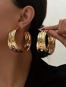 1 Pair Exaggerated Metal Round Ring Textured Earrings, Fashion Minimalist Personalized Elegant Versatile Stud Earrings - Gold - View 2