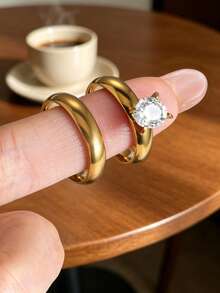 2pcs 18K Stainless Steel Ring Set, Rust-Proof Band, Wedding Engagement Gold Ring, Valentine's Day Gift For Girlfriend - Yellow Gold - View 11