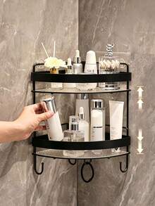 Bathroom Corner Shelf, Double-Layer Wall Corner Storage Rack With Hooks, Bathroom Supplies Storage Rack, Hole-Free Bathroom Toilet Shower Corner Rack, Bathroom Shelf, No-Drill Adhesive Wall Rack - Multicolor - View 2