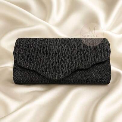Bolso Clutch de Fiesta Plisado con Brillos y Solapa Ondulada