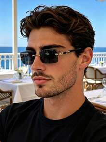 Vintage Rectangular Rimless Fashion Glasses For Men And Women, Classic Plastic Style For Outdoor Travel, Beach Vacations, Casual Decoration - Black - View 1