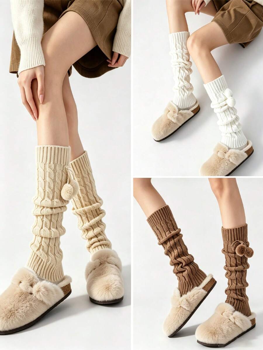 1 Pair Women's Pom Pom Slouch Leg Warmers, Knitted Leg Warmers, Suitable For Daily Wear - Multicolor - View 1