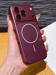 Minimalist Metallic Phone Case, Compatible With IPhone 18 Pro Max 17 Pro Air 16 15 14 13, Ultra-Thin Shockproof Hard Shell, Built-In Glass Lens Protector - Cherry Red - View 2