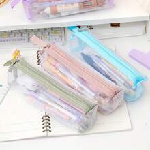 1pc Pink Transparent Square Mesh Pencil Case, Lightweight And Practical, Suitable For Office Desk, Portable Storage Bag, Large Capacity Makeup Brush Bag, Random Color, Random Packaging - A - View 2
