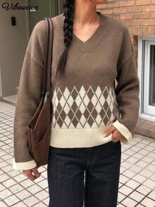 VIBEWAVE Coffee Brown V-Neck Contrast Color Argyle Jacquard Loose Pullover Sweater, European & American College Vintage Style Dropped Shoulder Long Sleeve Knit Top, Autumn/Winter Cafe Street Style Casual Lazy Outerwear - Coffee Brown - View 2